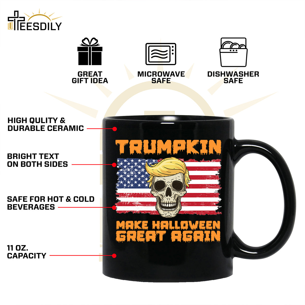 Teesdily | Skull Halloween Shirt, Trumpkin Make Halloween Great Again Sweatshirt Hoodie Mug, Spooky Season T-shirt, Funny Pumpkin Fall Holiday Gift