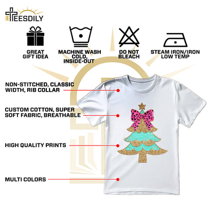 Teesdily | Christmas Tree Bow Shirt, Christmas Coquette Bow Glitter Leopard Sweatshirt, Christmas Hoodie Mug For Women