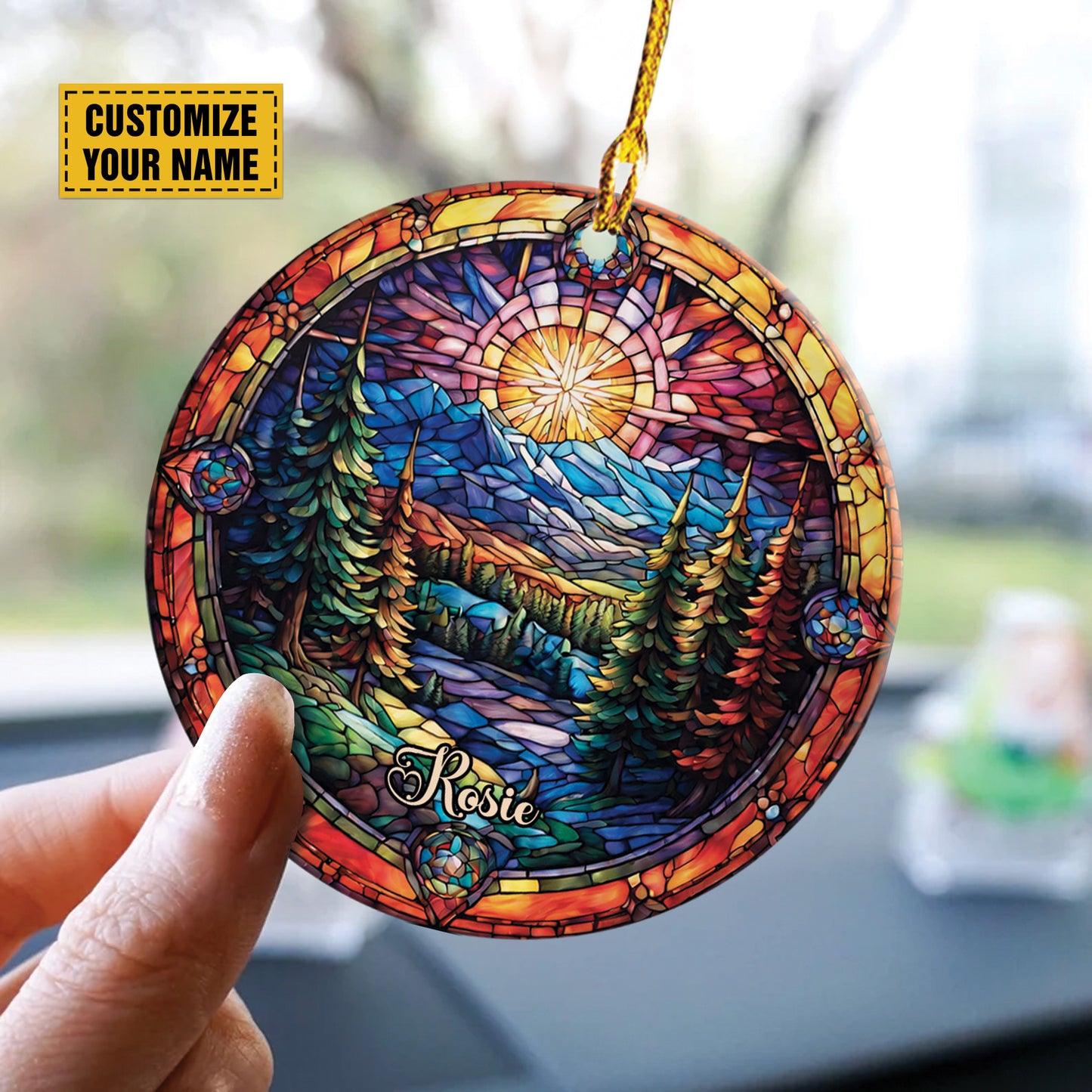 Teesdily | Customized Christmas Tree And The Sun Stained Glass Art Design Circle Ceramic Ornament, Christmas Acrylic Ornament, Jesus Lovers Gifts