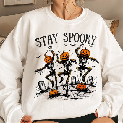 Teesdily | Halloween Skeleton Pumpkin Shirt, Stay Spooky Sweatshirt Hoodie Mug, Dancing Skeleton Pumpkin Face T-Shirt, Holiday Outfit, Halloween Gift