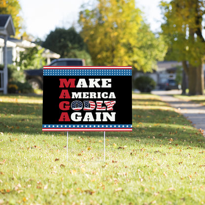 Teesdily | Make America Godly Again Yard Sign, American Flag Garden Lawn Sign, Jesus Christ Banner Outdoor Sign, Independence Decor, Jesus Lovers Gift