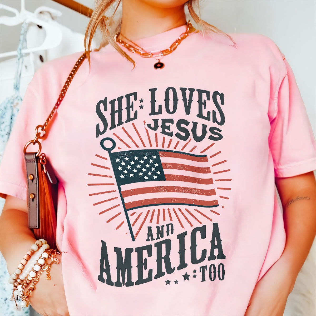 Teesdily | American Flag Tshirt, She Loves Jesus And America Too, Indepdence Day Sweatshirt Hoodie, Christian Gifts Mug