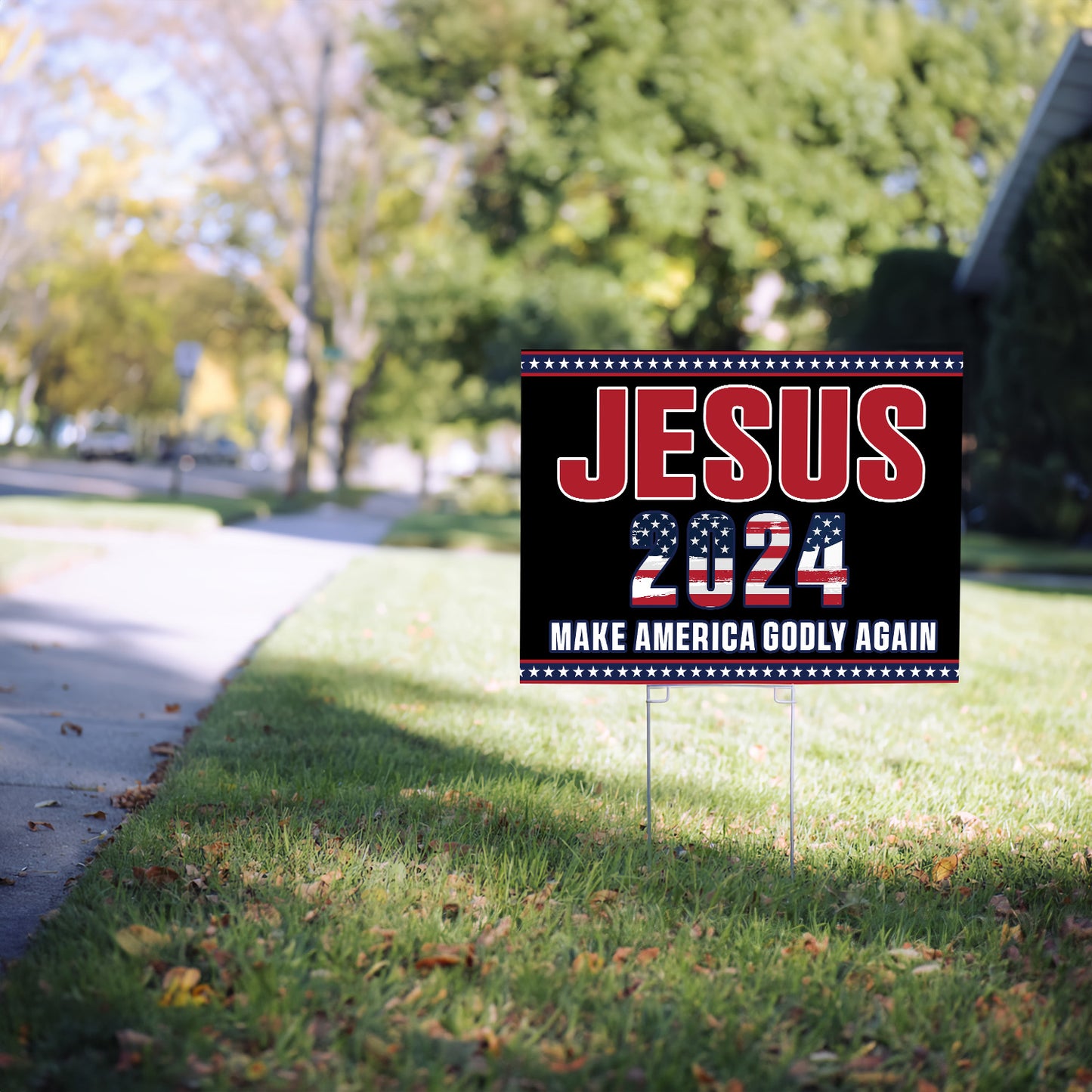 Teesdily | Jesus Make America Godly Again Yard Sign, Christ 2024 Garden Outdoor Sign, American Flag Patriot Lawn Sign, Yard Decor Independence Gifts