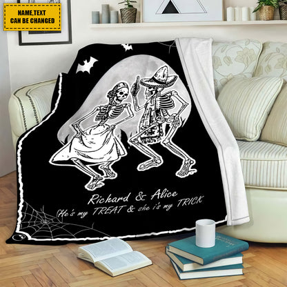 Teesdily | Gothic Skeleton Blanket Personalized Halloween Couple Dancing Sofa Blanket He's My Treat And She Is My Trick Funny Halloween Gifts For Lover