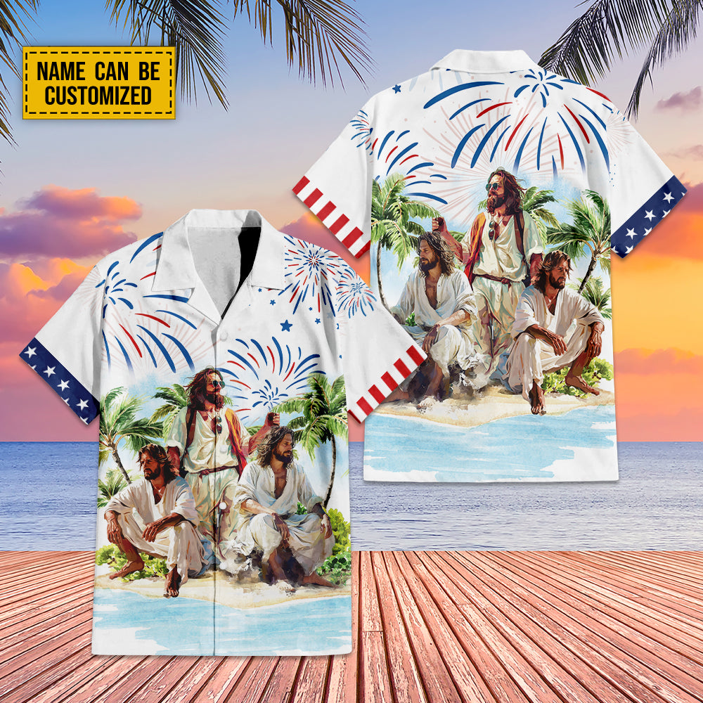 Teesdily | Customized Jesus Summer Beach Hawaiian Shirt, Happy Independence Day Hawaii Set, American Flag Patriot Aloha Outfit Summer Gift For Men