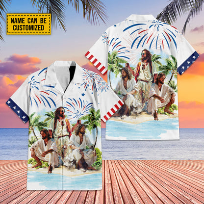 Teesdily | Customized Jesus Summer Beach Hawaiian Shirt, Happy Independence Day Hawaii Set, American Flag Patriot Aloha Outfit Summer Gift For Men