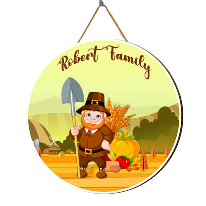 Teesdily | Pilgrim Thanksgiving Personalized Wood Sign, Happy Thanksgiving Wood Sign, Funny Cosplay Harvest Season Sign, Front Door Welcome