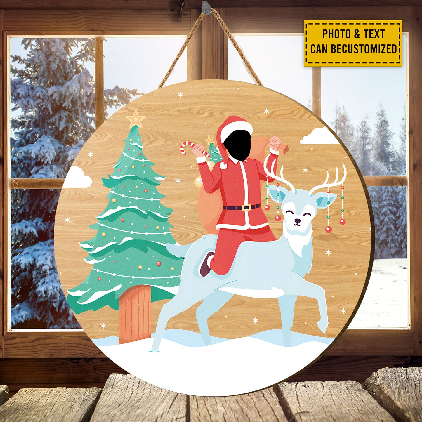 Teesdily | Customized Picture Santa Claus Riding Reindeer Christmas Wood Sign Funny Santa Cosplay Circle Name Sign Funny Christmas Gifts