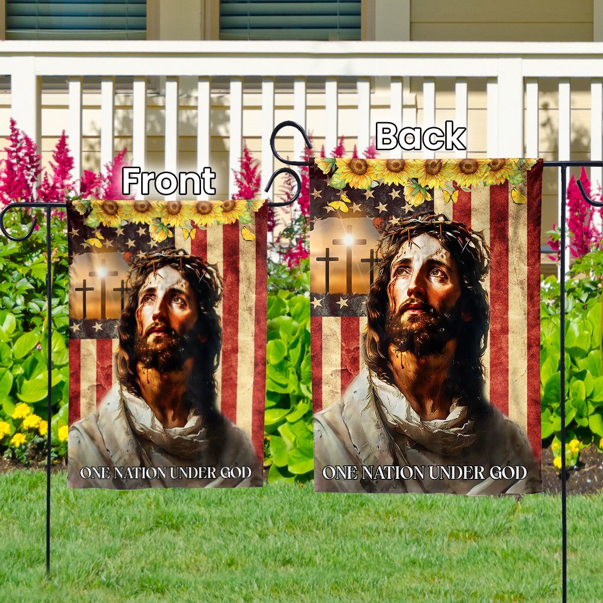 Teesdily | Jesus Cross Sunflower American Flag Home, One Nation Under God Yard Flag Independence Day, Jesus Gift, Garden House Flag