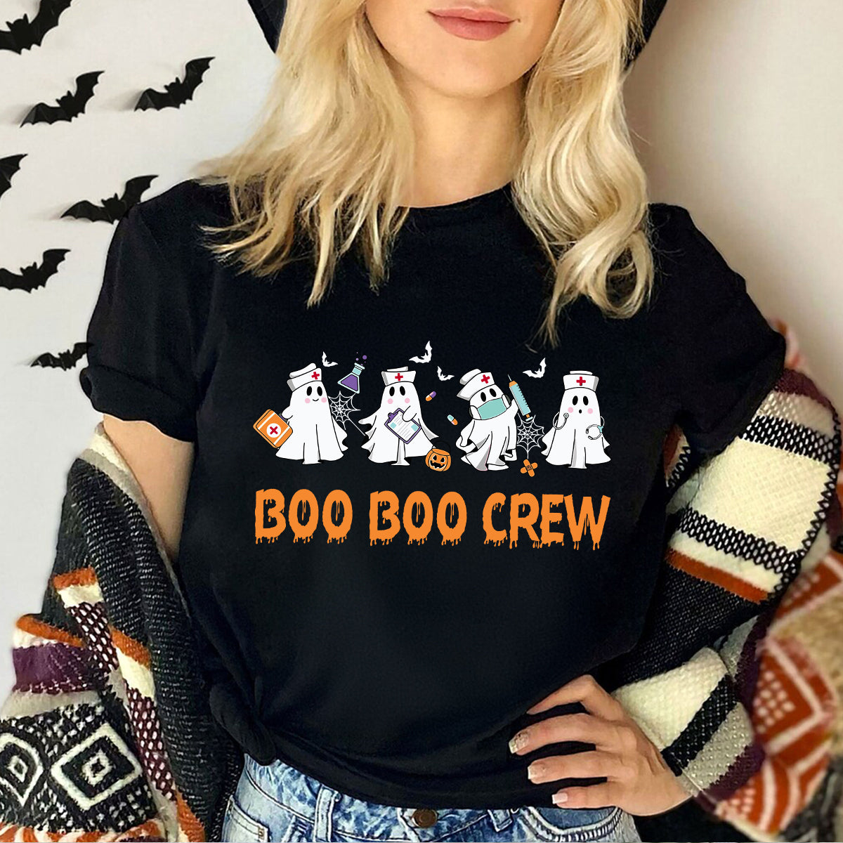 Teesdily | Halloween Nurse T-shirt, Boo Boo Crew Cute Ghost Tee Sweatshirt Hoodie Mug, Halloween Nursing Gift, Spooky Season Gift