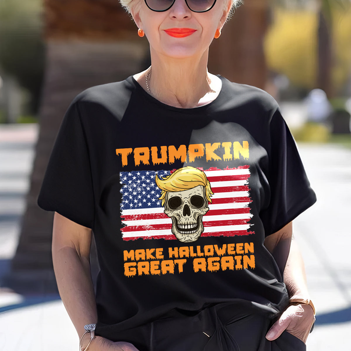 Teesdily | Skull Halloween Shirt, Trumpkin Make Halloween Great Again Sweatshirt Hoodie Mug, Spooky Season T-shirt, Funny Pumpkin Fall Holiday Gift