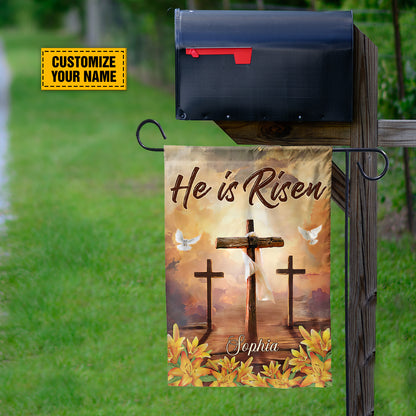 Teesdily | Jesus Christ Cross Customized Garden Flag He Is Risen Lily Floral House Flag Easter Day Home Garden Outdoor Decor