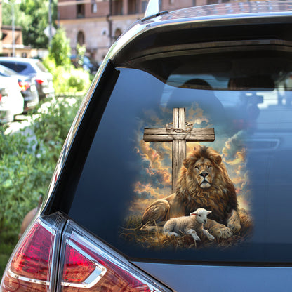 Teesdily | Lion And Lamb Car Vinyl Decal, Lion Of Judah Lamb Of God Decal Stickers For Cars, Christian Carsticker, Jesus Window Glass Vinyl Decal