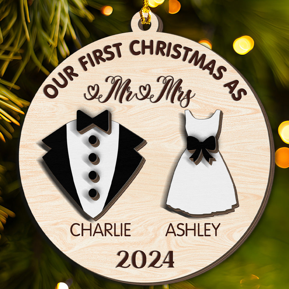 Teesdily | Customized First Christmas Wedding Mr Mrs 3-Layer Wooden Ornament, Newlywed Couple Ornament, Anniversary Christmas Gift