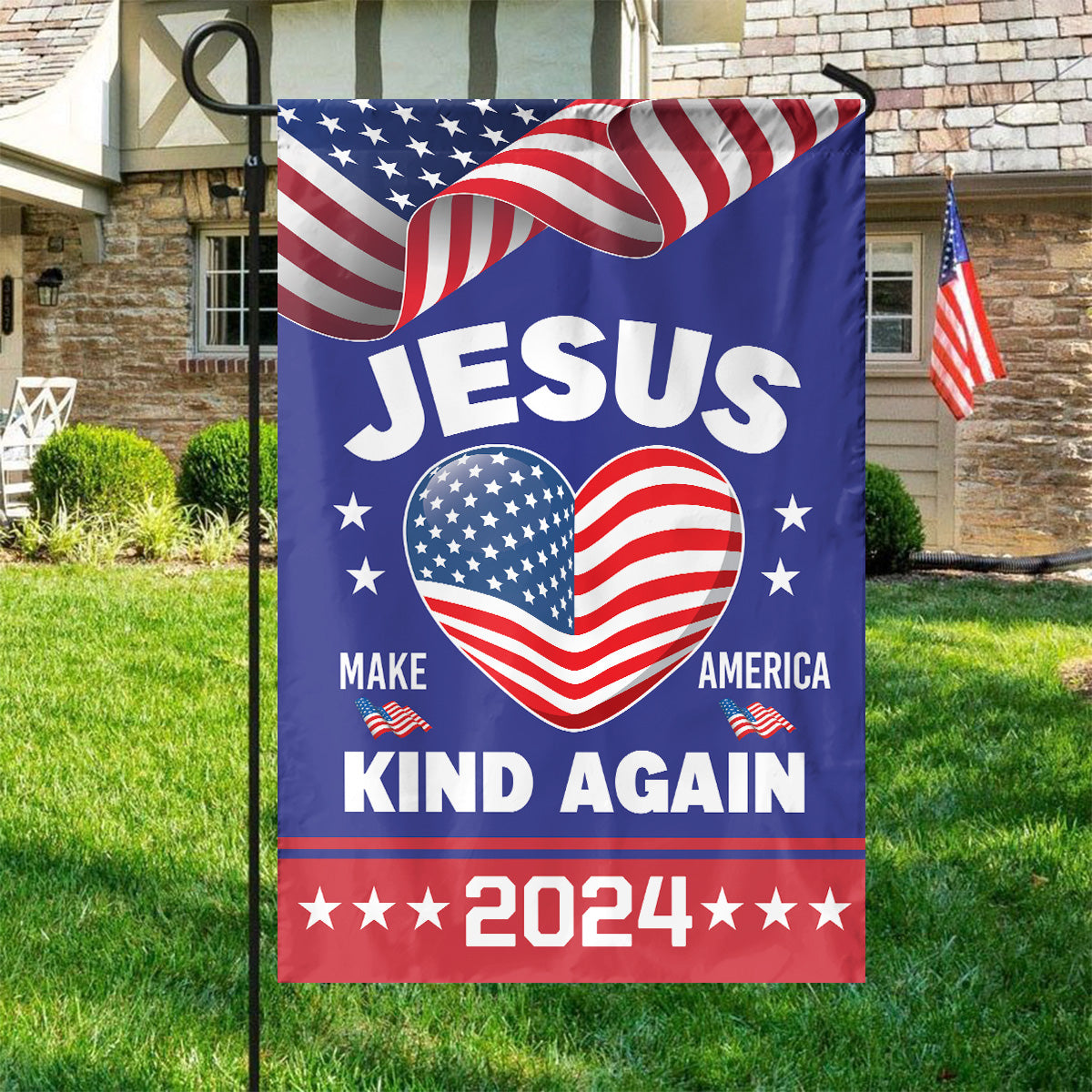 Teesdily | Jesus Make America Kind Again 2024 Garden Flag, Christian House Flag Yard Banner Outdoor Flag, Patriot Decor Home, Christ Religious Gift