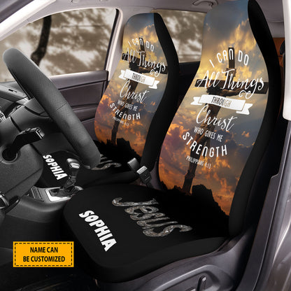 Teesdily | Custom Jesus Cross Car Seat Cover, I Can Do All This Through Him Who Gives Me Strength Front Seat Protector, Jesus Lover Gift, Car Decor