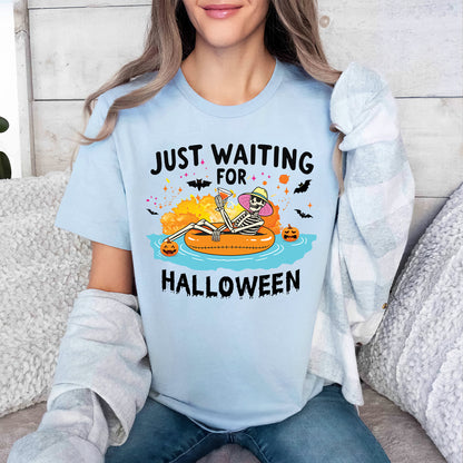 Teesdily | Halloween Skeleton Shirt, Just Waiting For Halloween Sweatshirt Hoodie Mug, Skeleton Pumpkin Tee, Cute Spooky Summer Halloween Gifts