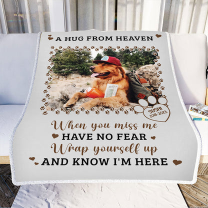 Teesdily | Dog Cat Pet Customize Blankets With Photos A Hug From Heaven Sherpa Blanket Personalized Memorial Pet Blanket Lost Pet Sympathy Gifts