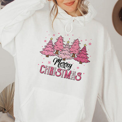 Teesdily | Merry Christmas Shirt, Pink Christmas Tree Sweatshirt, Christmas Vibes Sweater, Holiday Season Hoodie Mug Gift Mom