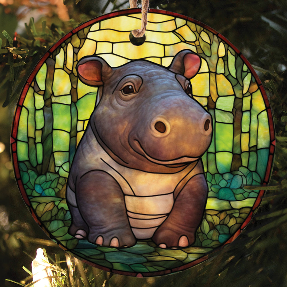 Teesdily | Stained Glass Art Hippo Ceramic Ornament, Hippopotamus Christmas Ornament, Xmas Gift Ornament, Cute Baby Hippo Gift