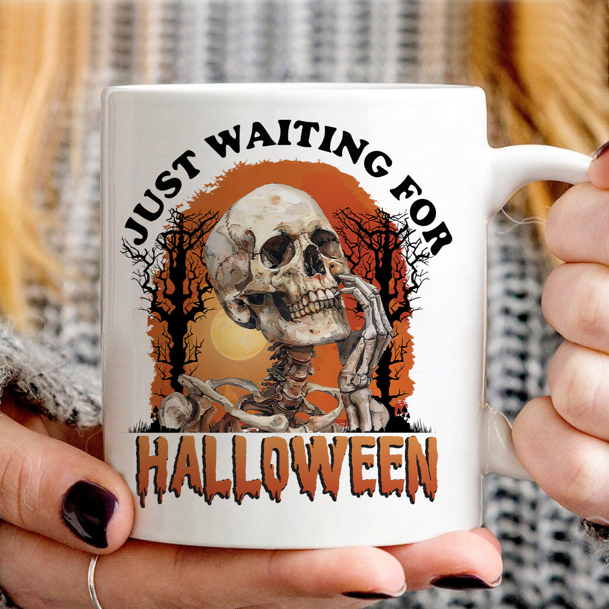 Teesdily | Halloween Cool Skeleton Shirt, Skeleton Just Waiting For Halloween Shirt, Funny Skeleton Sweatshirt Hoodie Mug, Horror Halloween Gifts