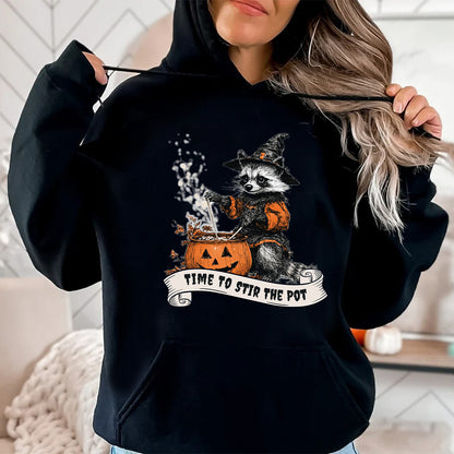 Teesdily | Retro Witch Raccoon Shirt, Time To Stir The Pot Sweatshirt, Raccoon Pumpkin Pot Hoodie Mug, Halloween Costume Family