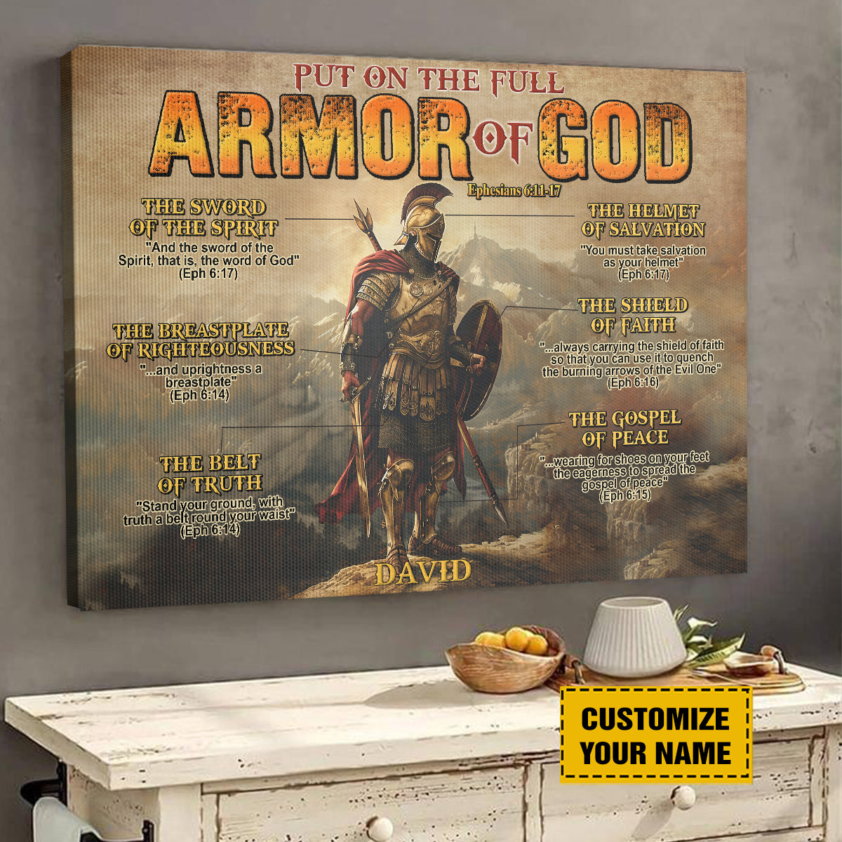 Teesdily | Customized Christian Warrior Poster Art, Put On The Full Armor Of God Canvas, Ephesians 613 Bible Verse Print Art, Jesus Lover Gifts