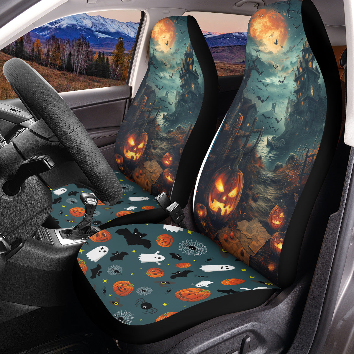 Teesdily | Halloween Hanted House Car Seat Covers, Pumpkin Halloween Ghost Bat Boo Front Seat Cover, Halloween Decor Protection Seats, Halloween Gift