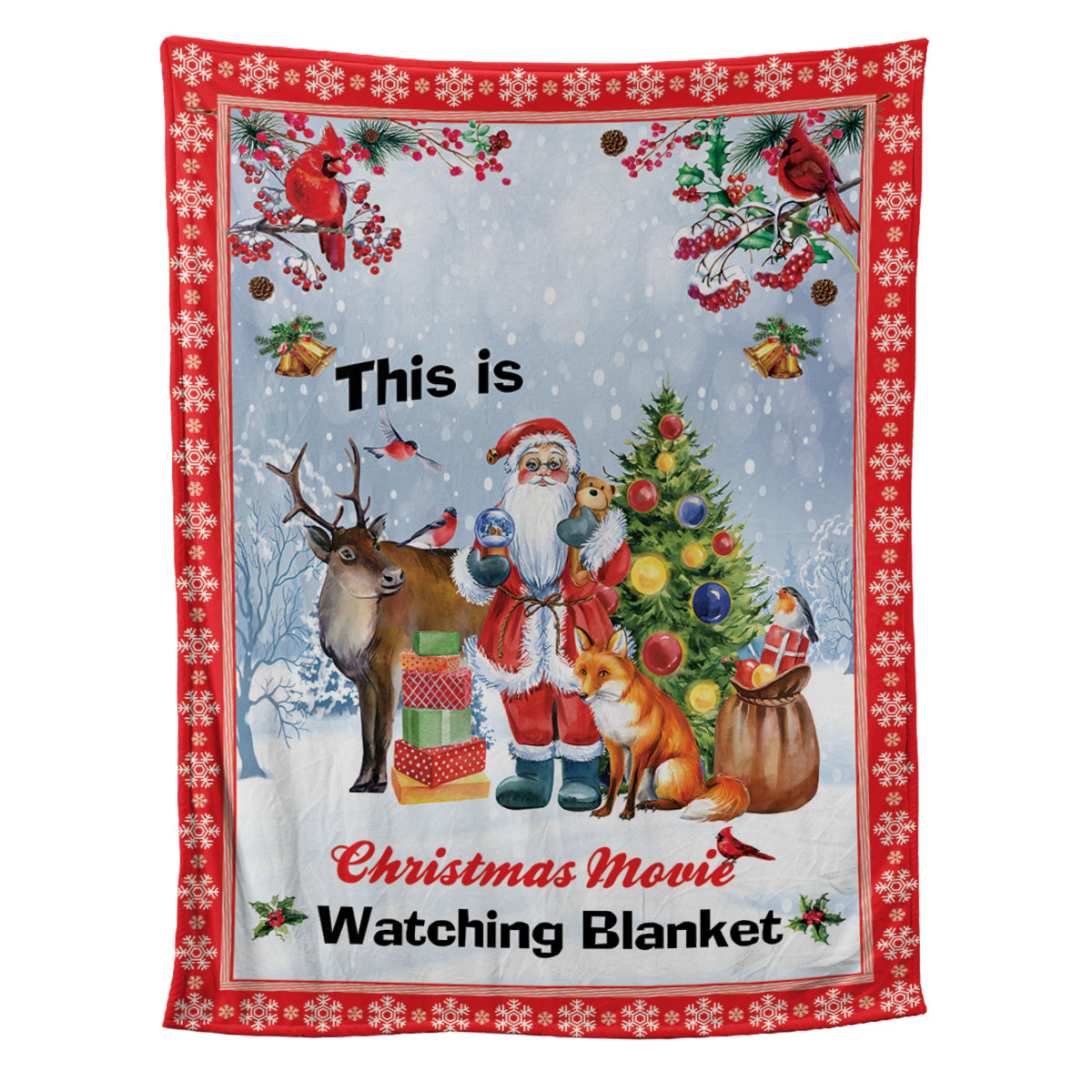 Teesdily | Custom Name Christmas Movie Fleece Blanket, Christmas Woodland Animal Sherpa Blanket, Cardinal Xmas Theme Personalized Sofa Blanket Gifts