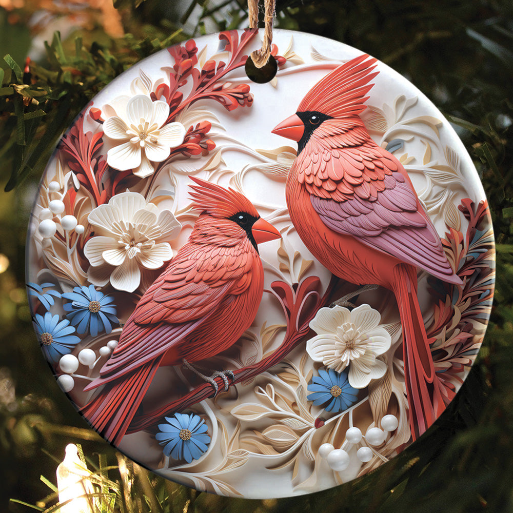 Teesdily | Christmas Cardinal Bird 2D Flat Ceramic Ornament, Couple Cardinal Bird Snowy Flower Christmas Gift, Xmas Ornament