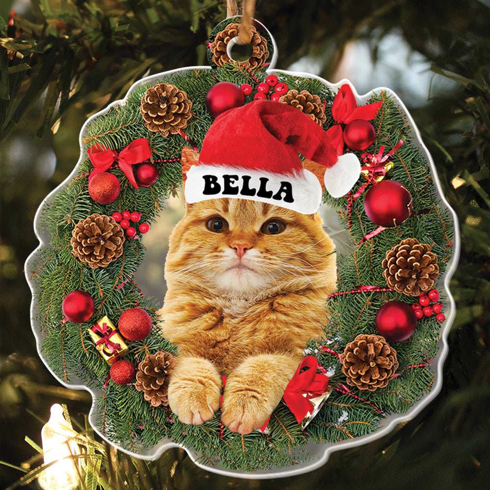 Teesdily | Customized Cat Christmas Ornament, Cute Cat Wreath Christmas 2D Flag Ornament, Cat Mom Cat Dad Ornament, Christmas Gift