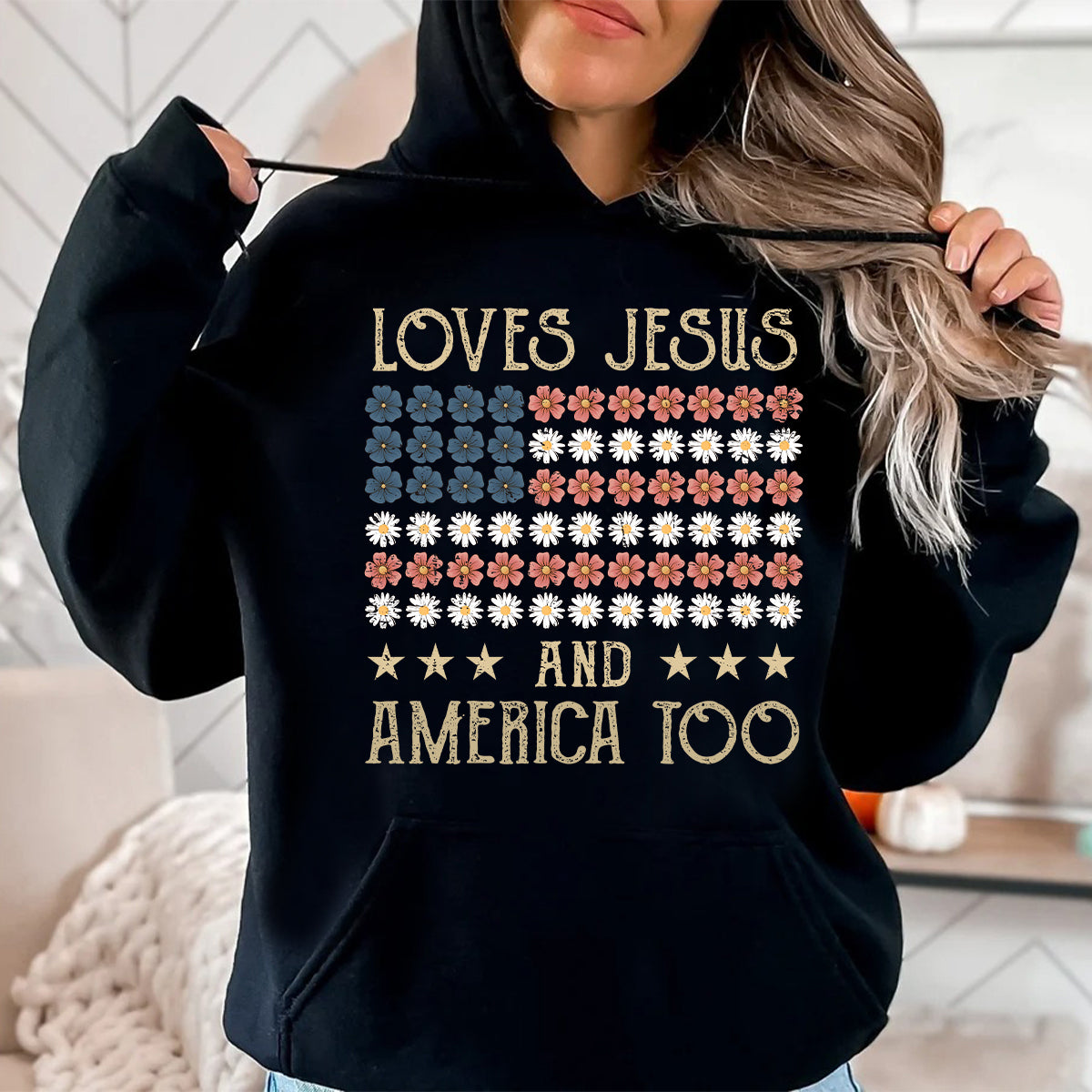 Teesdily | American Flag Flower Shirt, Loves Jesus And America Too Tshirt, Independence Day Sweatshirt, God Hoodie, Christian Gift