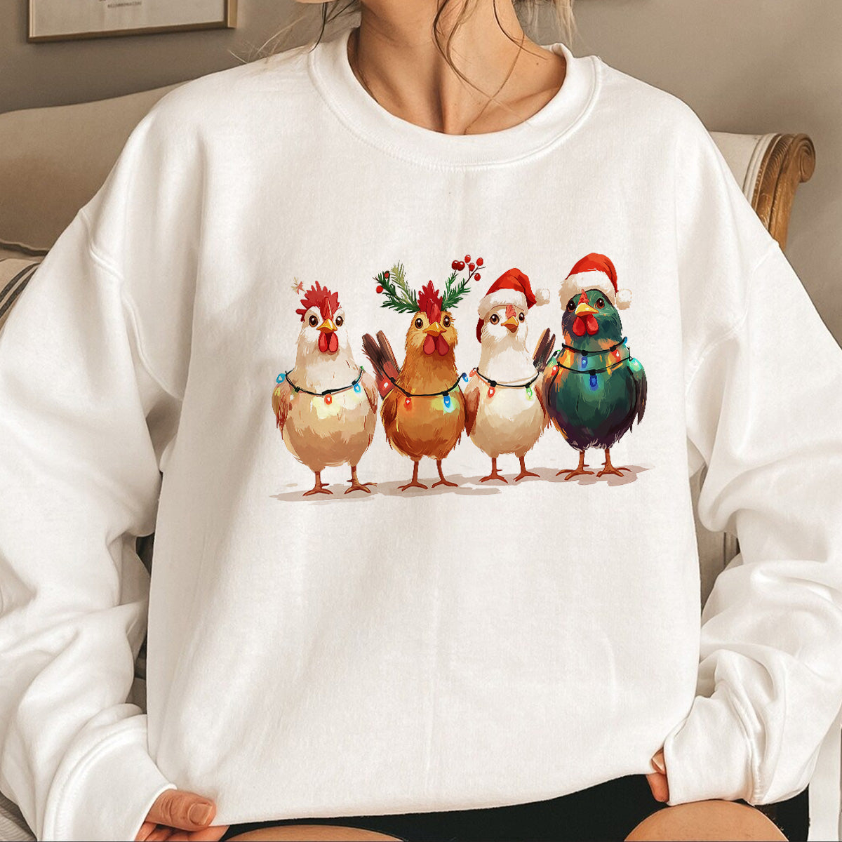 Teesdily | Christmas Chicken Light Shirt, Santa Chicken T-shirt, Farm Animal Sweatshirt, Christmas Farm Hoodie Mug, Chicken Lover Gift