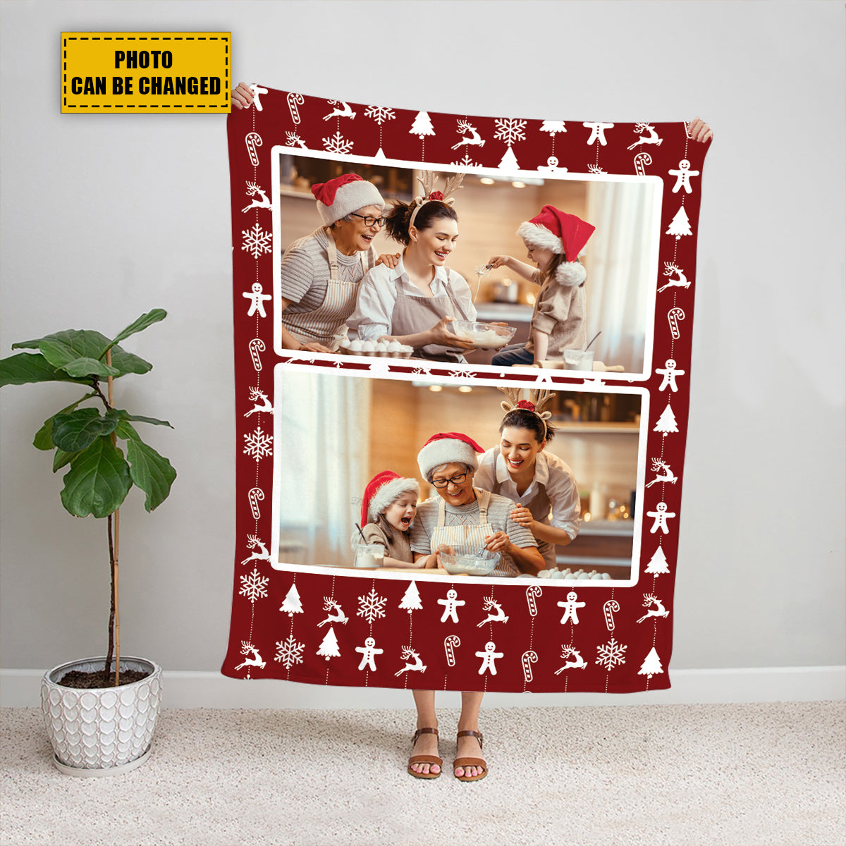 Teesdily | Christmas Pattern Picture Blanket Personalized Photo Xmas Family Friend Custom Photo Blanket Christmas Custom Blanket For Sofa Bedroom