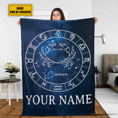 Teesdily | Cancer Personalized Fleece Blanket With Name Horoscope Design Sherpa Blanket Zodiac Sign Constellation Astrology Adult Kid Birthday Gifts