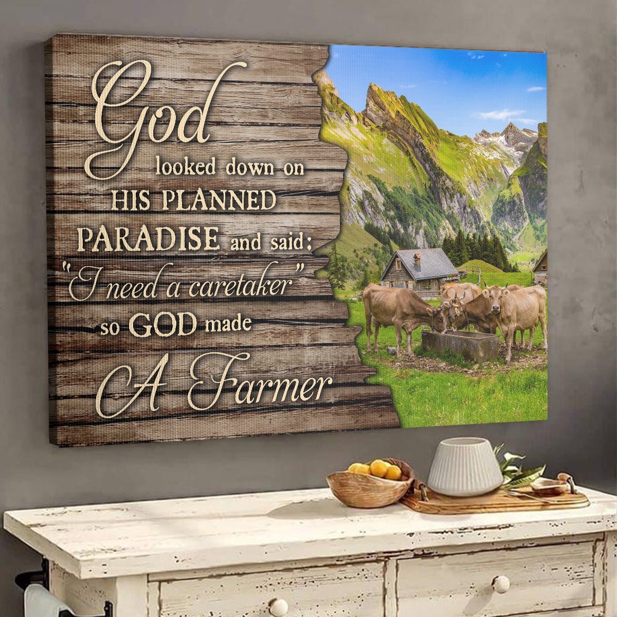 Teesdily | God Cow Farm Poster Canvas, So God Made A Farmer Wall Art Print, Wood Farmhouse Decor, Farmer Gifts, Christian Wall Decor