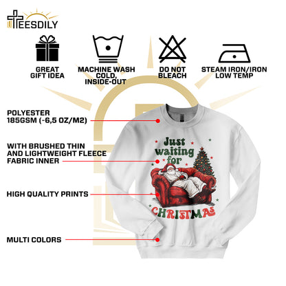 Teesdily | Just Waiting For Christmas Shirt, Santa Sofa Christmas Lights Tee 2024, Santa Claus Sweatshirt Hoodie Mug, Holiday Gift