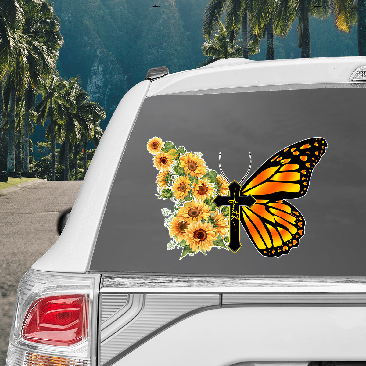 Teesdily | God Faith Butterfly Car Decal Sticker, Sunflower Faith Car Window Decal, Christian Car Decor, Jesus God Car Vinyl Decal