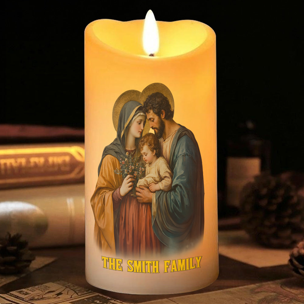 Teesdily | Personalized Holy Family LED Candle, Christmas Jesus Christ Our Lord LED Candle, Religious Home Decor Christmas Gift