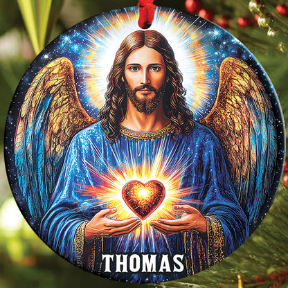 Teesdily | Personalized Jesus Angel Ornament Christmas, Jesus Christ Sacred Heart Ornament Decor, Christmas Ornament Gift