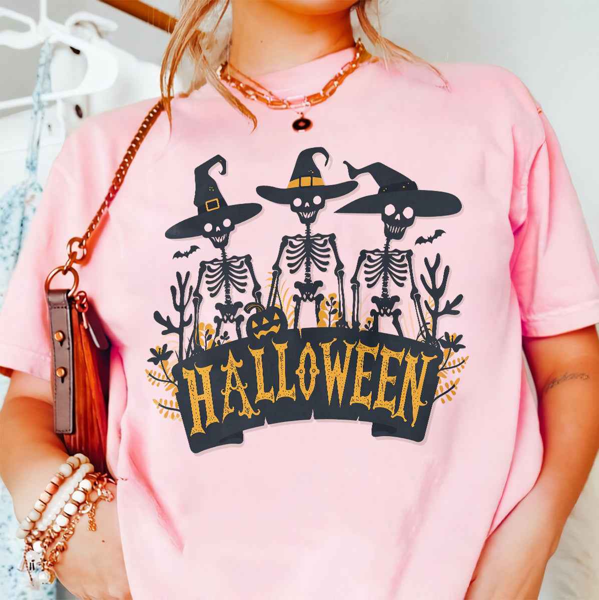 Teesdily | Skeleton Shirt, Happy Halloween Sweatshirt Hoodie Mug, Funny Skeleton Pumpkin T-shirt, Skull Bat Spooky Season Shirt, Halloween Gift