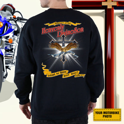 Teesdily | Customized Christian Biker Shirt, Follower Of The Heavenly Divineson Back Design Shirt Sweatshirt Hoodie Mug, Motorcycle Lovers Gifts