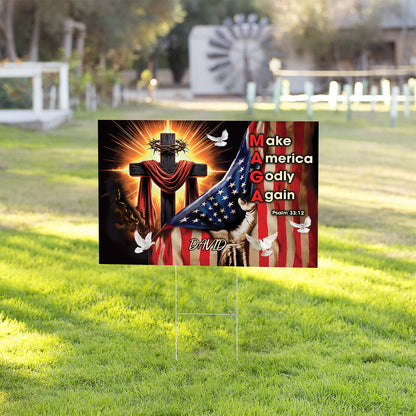 Teesdily | Customized Jesus Cross American Flag Yard Sign, Make America Godly Again Psalm 33 12 Outdoor Sign, Christian Art Lawn Sign, Garden Decor