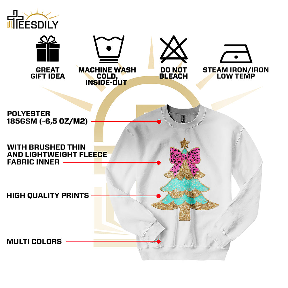 Teesdily | Christmas Tree Bow Shirt, Christmas Coquette Bow Glitter Leopard Sweatshirt, Christmas Hoodie Mug For Women