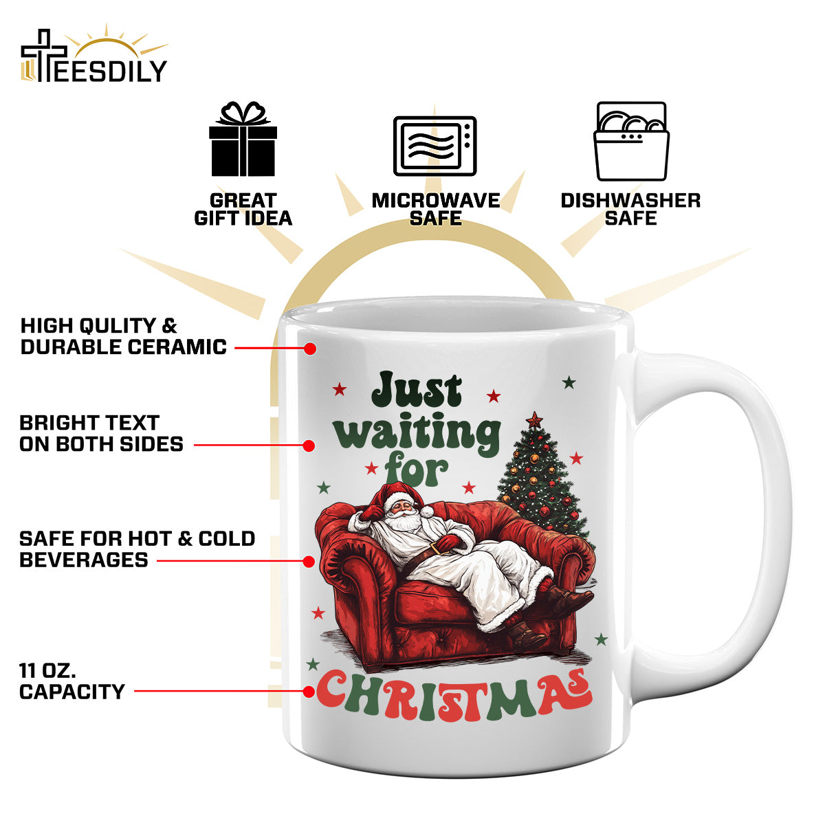 Teesdily | Just Waiting For Christmas Shirt, Santa Sofa Christmas Lights Tee 2024, Santa Claus Sweatshirt Hoodie Mug, Holiday Gift