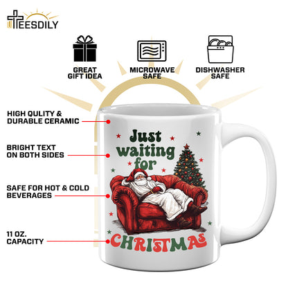 Teesdily | Just Waiting For Christmas Shirt, Santa Sofa Christmas Lights Tee 2024, Santa Claus Sweatshirt Hoodie Mug, Holiday Gift