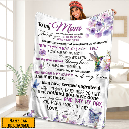 Teesdily | Custom To My Mom Sofa Blanket, Mother's Day Travel Throw Blanket Floral Butterfly Hummingbird, Floral Blanket For Mom