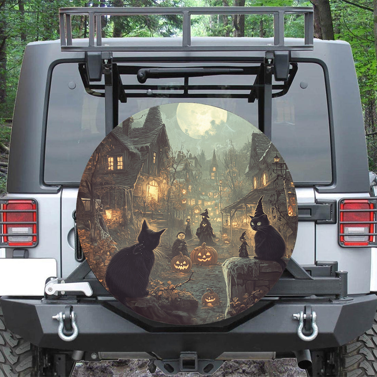 Teesdily | Halloween Black Cat Pumpkin Car Spare Tire Cover, Cat Witch Halloween Night Tire Protector, Halloween Decor Wheel Cover, Cat Lover Gift