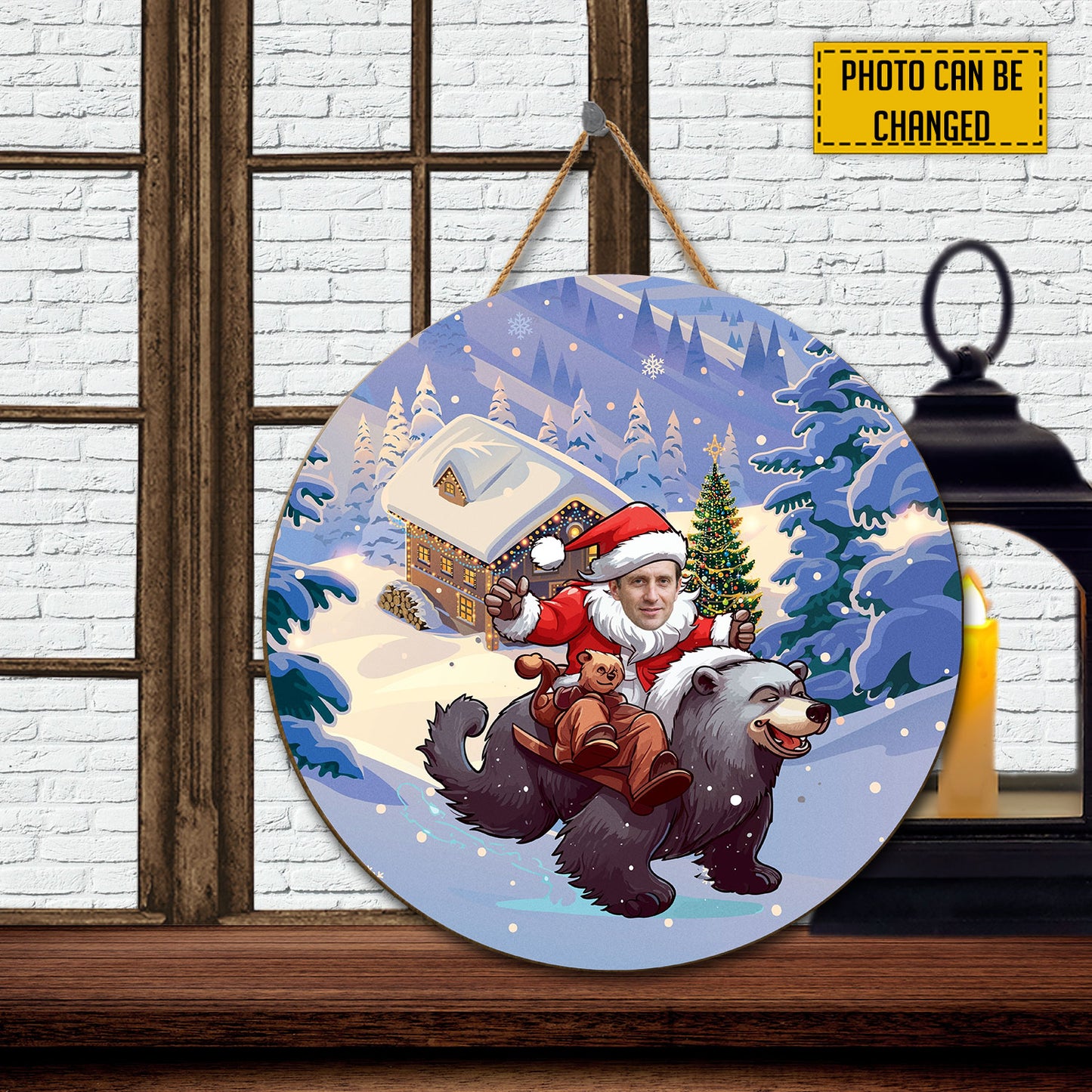 Teesdily | Customized Photo Funny Santa Claus And Bear Christmas Wood Sign Christmas Door Decor Gift For Family And Friends Front Door Decor