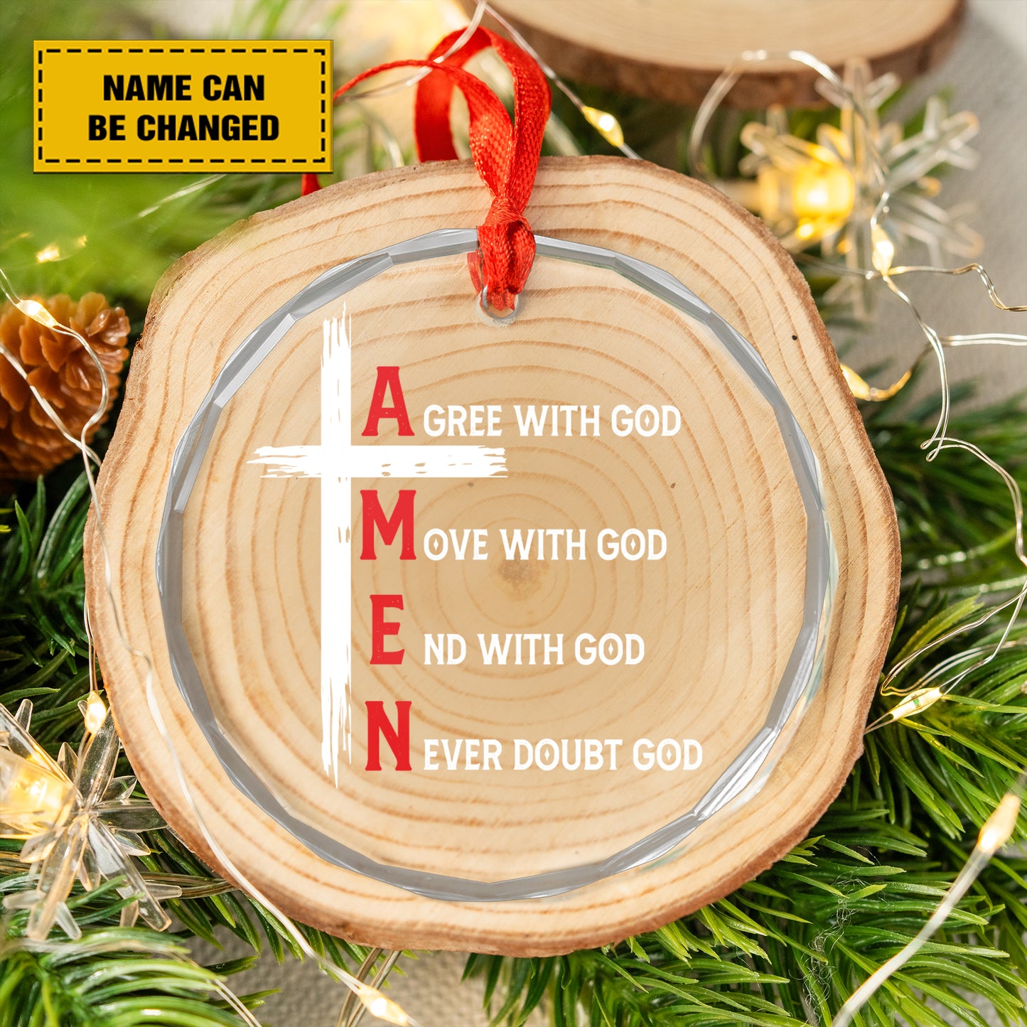 Teesdily | Customized Jesus Cross Ornament, Agree With God Move With God End With God Amen Glass Ornament, Jesus Christ Cross Christmas Ornament